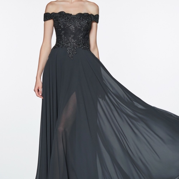 black, champagne, pink, blue, purple off shoulder lace flowy chiffon skirt gown - Picture 7 of 10